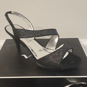 Nina Black Sparkly Heels with Asymmetrical Straps